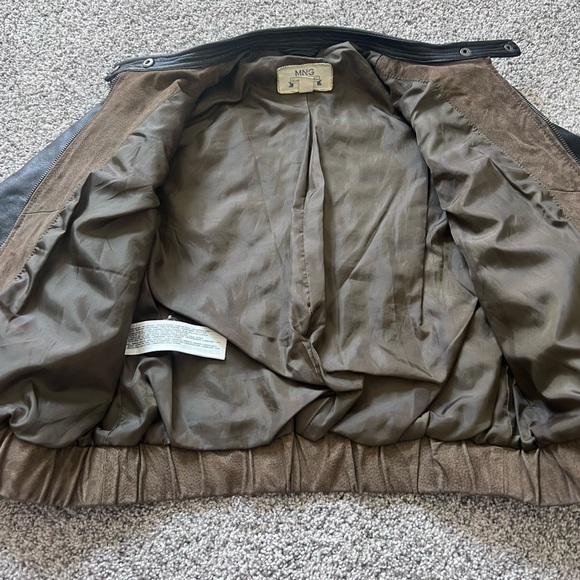 MANGO LEATHER BROWN Suede BLACK Colorblock WOMEN'S JACKET Zip up Bomber SIZE XS - Picture 13 of 15